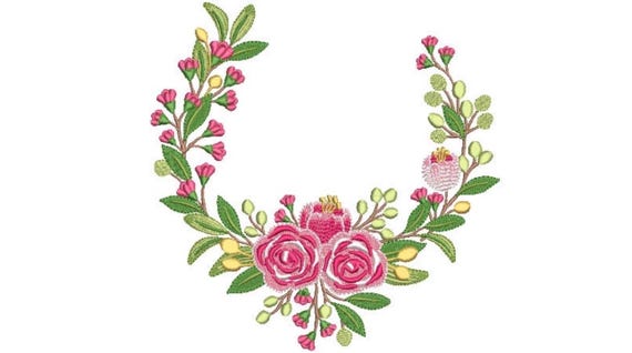 Pink Green Wreath Embroidery - Machine Embroidery File - design 8x8 inch hoop - Monogram frame - Roses Embroidery