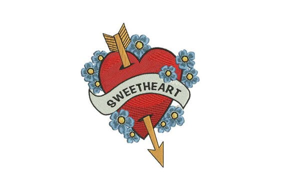 Sweetheart Forget Me Nots Tattoo Retro Machine Embroidery File design 5 x 7 inch hoop - instant download