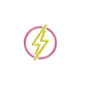 May include: An embroidered patch featuring a bright yellow lightning bolt centered within a circular pink border. The design uses thick, raised stitching to create a textured appearance, with the lightning bolt overlapping the pink circle.