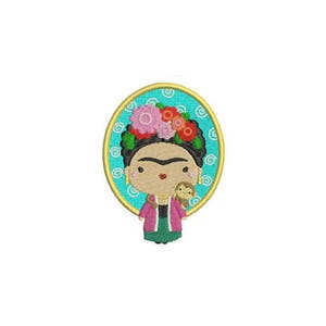 May include: Embroidered design of Frida Kahlo with a flower crown and a small animal in a circular frame with a turquoise background and a gold border.