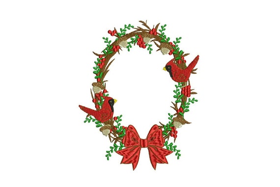 Cardinal Christmas Bow Flower Wreath Machine Embroidery File design 5x7 inch hoop - instant download