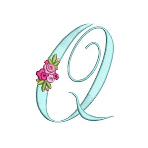 Pretty Rose Script LETTER Q Machine Embroidery File design - 5 x 7 pulgadas hoop - Monogram design