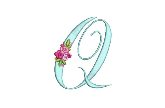 Pretty Rose Script LETTER Q  Machine Embroidery File design - 5 x 7 inch hoop - Monogram design