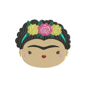 May include: Embroidered patch featuring a cartoon Frida Kahlo with a flower crown. The crown is made of pink, yellow, and green flowers. The patch is ideal for adding a touch of whimsy to any project.