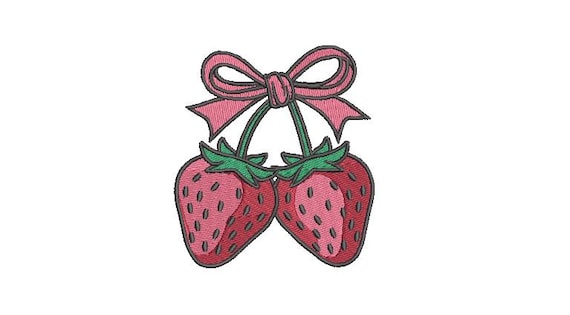 Ribbon Bow Strawberry Embroidery Design - Machine Embroidery Instant Download File - Strawberries Coquette Bow - 4x4 inches
