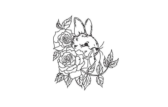 Bunny & Roses Machine Embroidery File design 4x4 hoop - Redwork 10 cm hoop