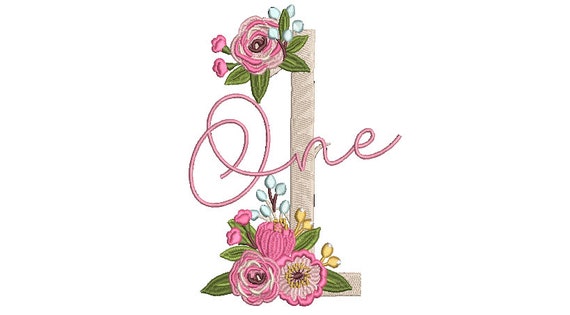 Floral Flower ONE word First Birthday-  Machine Embroidery File design - 5x7 hoop - embroidery design