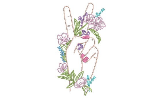 Peace Hand Flowers Machine Embroidery File design  - 8 x 8 inch hoop - Bohemian Embroidery Design