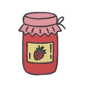 May include: An embroidered patch of a red jam jar with a pink fabric lid cover tied with a string. The jar features a rectangular yellow label with a small red strawberry illustration centered on the front, outlined in dark thread throughout.