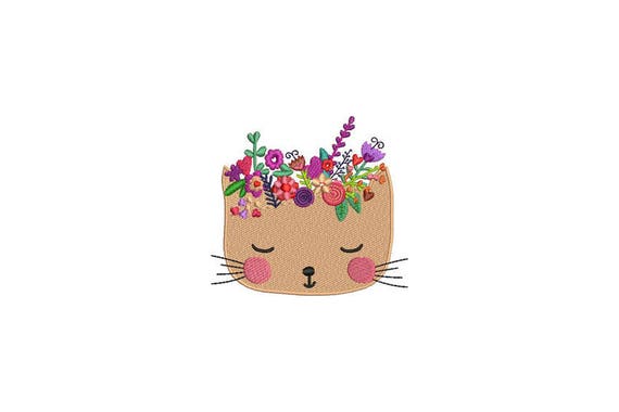 Machine Embroidery Kitty with Flowers Crown Machine Embroidery File design 4 x 4 inch hoop