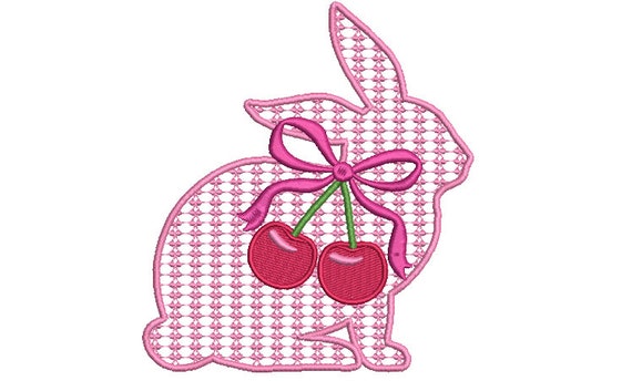 Cherry Coquette Bunny with bow  - Machine Embroidery File design 5 x 7 inch hoop - Easter Embroidery Design