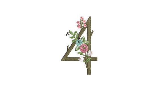 Flower Number 4 - FOUR - Fourth  Birthday-  Machine Embroidery File design - 4x4 hoop - embroidery design