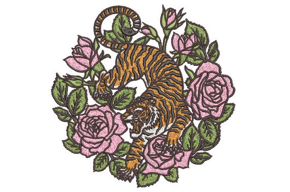 Tiger Roses Embroidery Design - Machine Embroidery File design - 8x8 inch hoop - instant download - Tiger Design