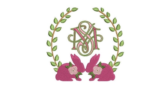 Machine Embroidery Pink Laurel bunny - Monogram Frame -Embroidery File design - 5x7 inch hoop