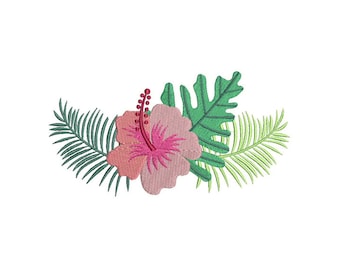 May include: A pink hibiscus flower with green leaves. The flower has a pink center and a red stem. The leaves are a light green color.
