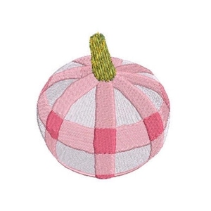 May include: An embroidered pumpkin design featuring a checkered pattern in shades of light pink and white. The pumpkin has a textured, vertical stitch appearance and is topped with a small, upright stem embroidered in a muted olive green thread.