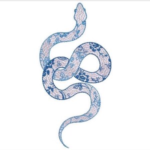 May include: An embroidery design of a coiled snake featuring a blue floral lace pattern. The snake is depicted in a vertical, winding position with a detailed scale-like texture throughout its body, rendered in shades of blue and white thread.