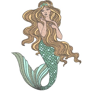May include: A mermaid with long, flowing blonde hair and a green, scaly tail. She is wearing a crown of flowers and has a gentle expression on her face.