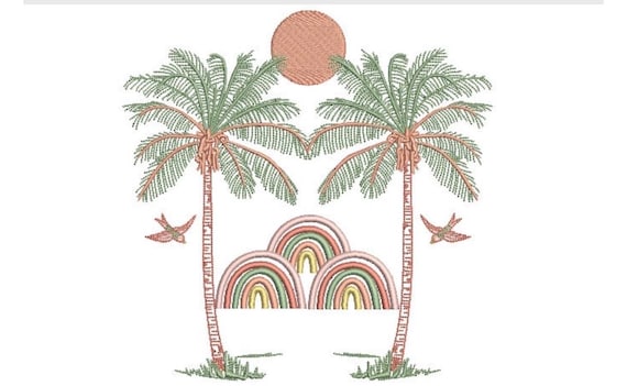 Palms Sun Rainbow Sunset Embroidery Design - Parasol Monkey Pagoda Embroidery Design - Machine Embroidery File design -  8x8 inch hoop