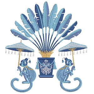 Chinoiserie Monkeys Palm Embroidery Design - Parasol Monkey Pagoda Embroidery Design - Machine Embroidery File design -  8x8 inch hoop