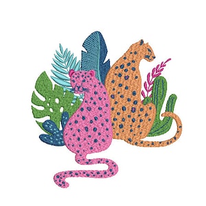 Leopards And Tropical Plants Machine Embroidery File design - 6x10 inch hoop - Leopard Design - instant download