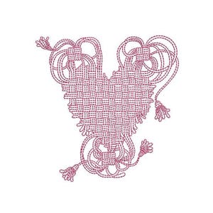 May include: A pink heart-shaped design made from woven rope with tassels at the bottom and sides.