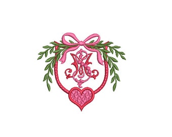 Valentine Bow Laurel Heart Monogram Frame - Machine Embroidery File design -  4x4 inch hoop - Letters Not Included