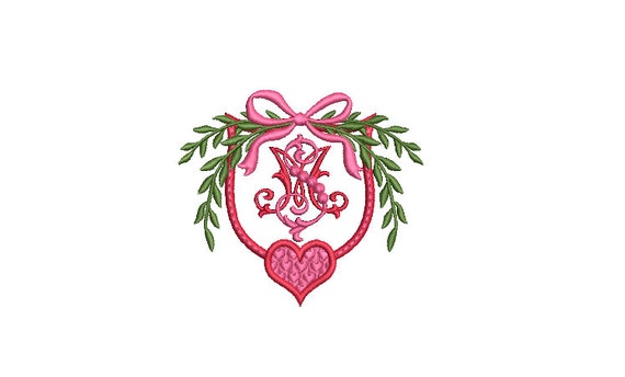 Valentine Bow Laurel Heart Monogram Frame - Machine Embroidery File design -  4x4 inch hoop - Letters Not Included