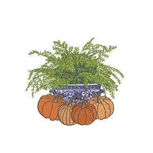 Chinoiserie Silk Fern Pumpkins Embroidery - Hamptons Pot Plant - Machine Embroidery File design - 4 x 4 inch hoop - Instant Download