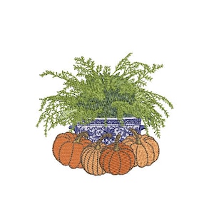 Chinoiserie Silk Fern Pumpkins Embroidery - Hamptons Pot Plant - Machine Embroidery File design - 4 x 4 inch hoop - Instant Download