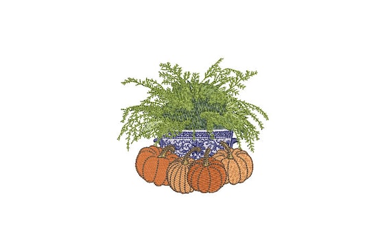 Chinoiserie Silk Fern Pumpkins Embroidery - Hamptons Pot Plant - Machine Embroidery File design - 4 x 4 inch hoop - Instant Download