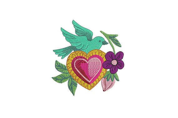 Whimsical Bird & Heart Mexican Folksy Machine Embroidery File design 5 x 7 inch hoop - instant download