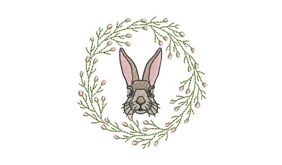 Vintage Bunny Rabbit Wreath  - Machine Embroidery File design 4 x 4 inch hoop - Easter Embroidery Design