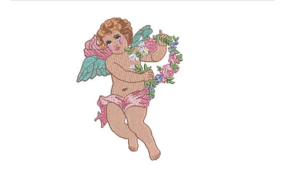 Cherub Embroidery Design -Machine Embroidery File - 5x7 inch hoop - Roses Wreath Cherub Embroidery