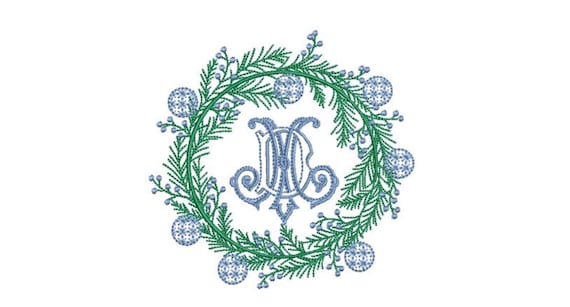 Blue Ornament Wreath Embroidery - Machine Embroidery File - design 4x4 inch hoop - Chinoiserie Monogram frame
