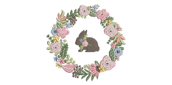 Pastel Bunny Easter Wreath  - Machine Embroidery File design 4 x 4 inch hoop - Easter Embroidery Design