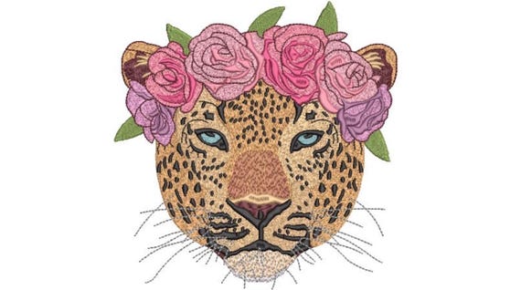 Leopard Flower Crown Embroidery Design -  Urban Machine Embroidery File design - 8x8 inch hoop - instant download