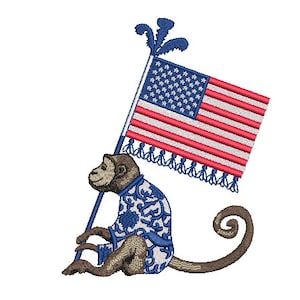 Chinoiserie Monkey USA Flag Machine Embroidery File design 5x7 hoop - 4th of July Embroidery Design - instant download