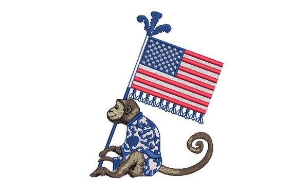 Chinoiserie Monkey USA Flag Machine Embroidery File design 5x7 hoop - 4th of July Embroidery Design - instant download