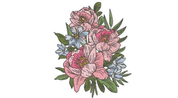 Peony Pink Blue Floral Embroidery - Flower Machine Embroidery File design - 5x7 inch hoop - instant download