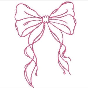 May include: A pink embroidered bow design featuring a central knot and two long, flowing ribbons that drape downwards. The outline is created with a single-line stitch pattern, showcasing a delicate and continuous thread work aesthetic.