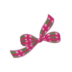 May include: A decorative bow featuring a vibrant plaid pattern in shades of hot pink and bright green. The ribbon has a distinct stitched edge detail, creating a textured appearance throughout the fabric loops and the two trailing ribbon ends.