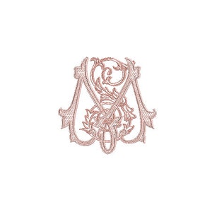 May include: A decorative monogram featuring the letters "M" and "M" intertwined in a stylised, floral design. The monogram is in a light pink colour.