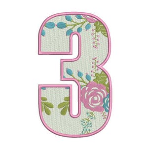 Number 3 - THREE - Floral - Third Birthday-  Machine Embroidery File design - 5x7 hoop - embroidery design