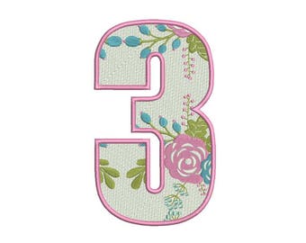 Number 3 - THREE - Floral - Third Birthday-  Machine Embroidery File design - 5x7 hoop - embroidery design