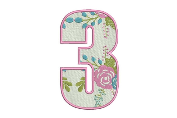 Number 3 - THREE - Floral - Third Birthday-  Machine Embroidery File design - 5x7 hoop - embroidery design