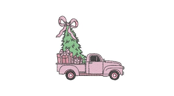 Pink Truck Christmas Tree Embroidery - Xmas Embroidery File design 4x4 hoop - Coquette Christmas Design