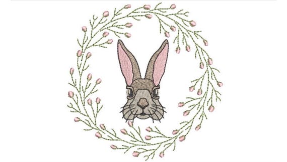 Vintage Bunny Rabbit Wreath  - Machine Embroidery File design 5 x 7 inch hoop - Easter Embroidery Design