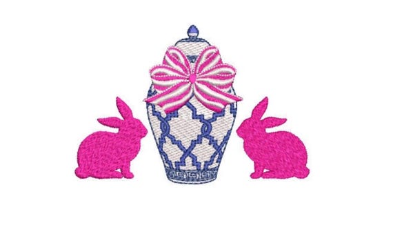 Chinoiserie Chic Ginger Jar Bunnies Embroidery - Machine Embroidery File design 5x7 hoop - Easter Embroidery Design