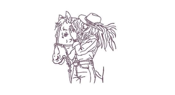 Cowgirl Machine Embroidery File design 4 x 4 inch hoop - Cowgirl and Horse Embroidery Design - Redwork File